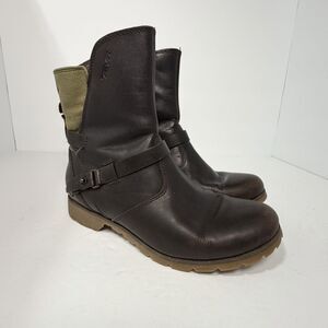Teva De La Vina Boots Women's 8 Brown Green Leather Mid Calf Moto Biker Riding